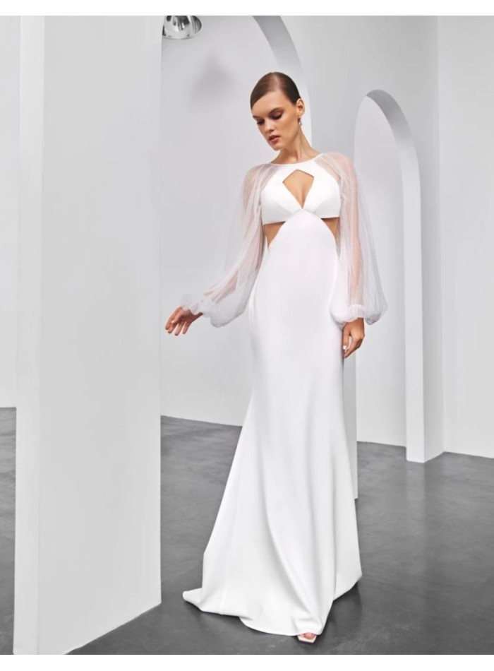 vestido de novia largo marfil con manga abullonada larga