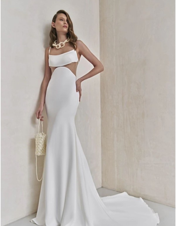 Vestido de novia largo marfil cut-out con malla color nude 2