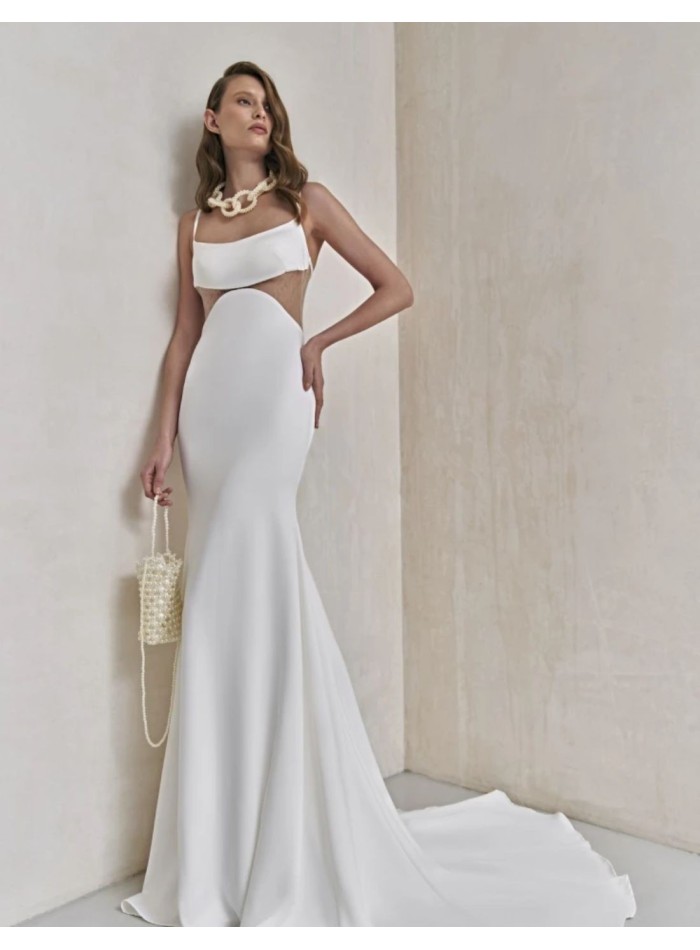 Long wedding dress with mesh cut-out
