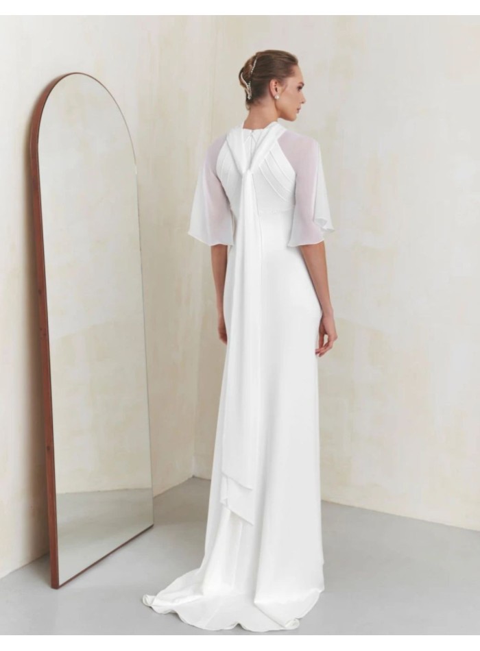 Ivory satin wedding dress with chiffon sleeves