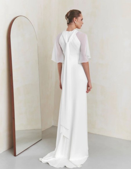 Ivory satin wedding dress with chiffon sleeves