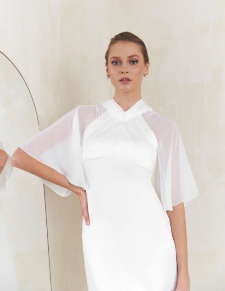 Ivory satin wedding dress with chiffon sleeves