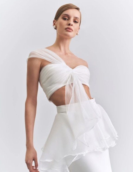 Ivory party top with asymmetrical tulle neckline