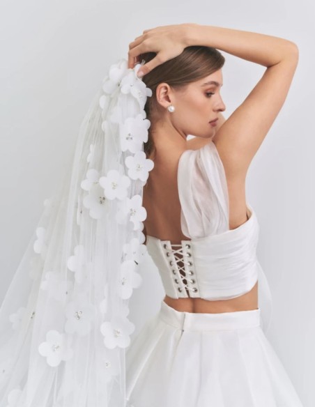 Ivory party top with asymmetrical tulle neckline