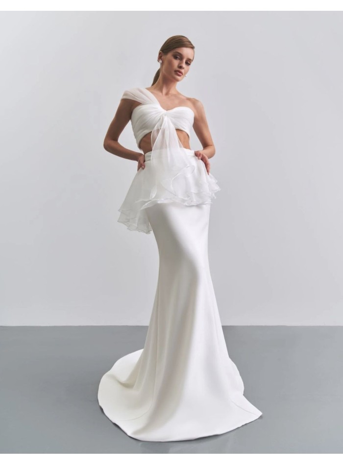 Ivory party top with asymmetrical tulle neckline