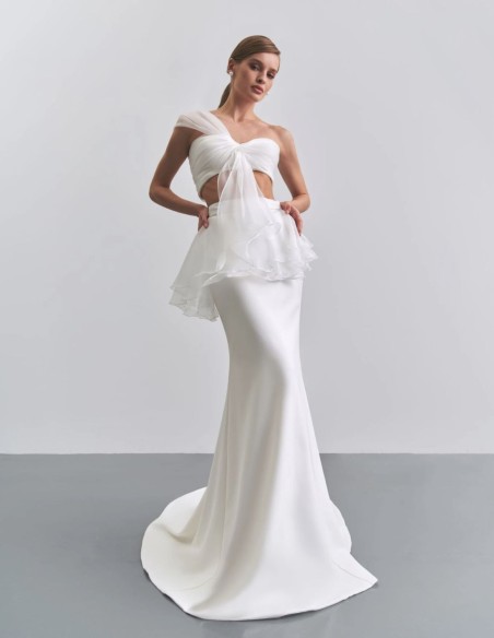 Ivory party top with asymmetrical tulle neckline