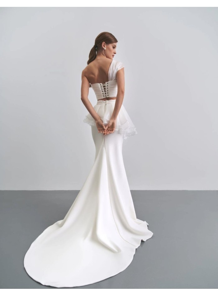 Ivory party top with asymmetrical tulle neckline