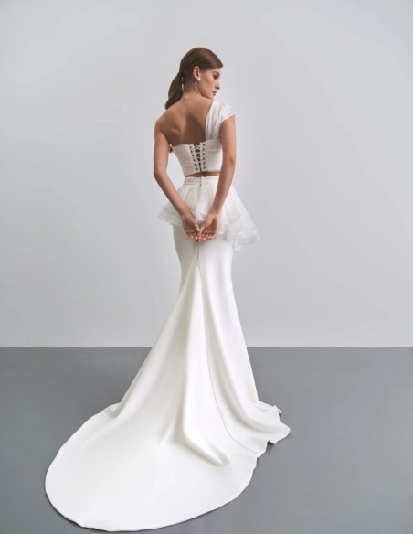 Ivory party top with asymmetrical tulle neckline
