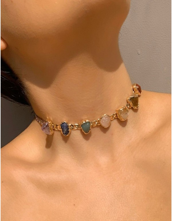 Multicoloured natural stone and quartz choker