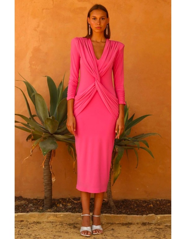 Midi party dress with crossover sash and V-neckline