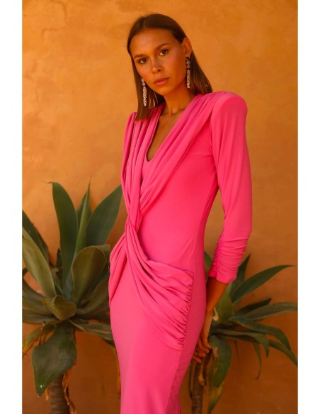 Midi party dress with crossover sash and V-neckline