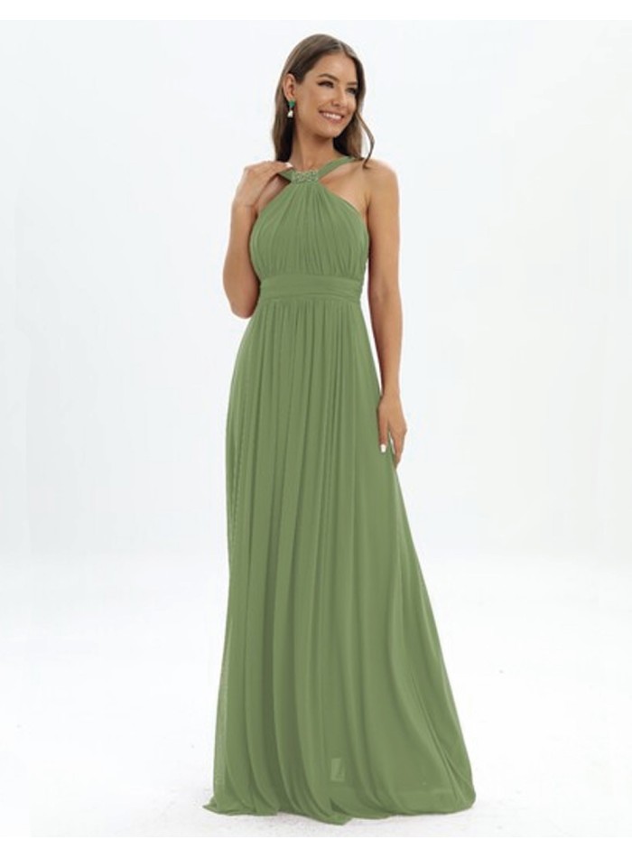 Evening dress with halter neckline and rhinestones
