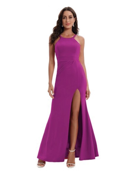 Robe longue de fête avec encolure licou et fente