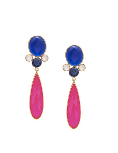 Pendientes de fiesta largos de color fucsia con piedras preciosas especialmente en color azul eléctrico.