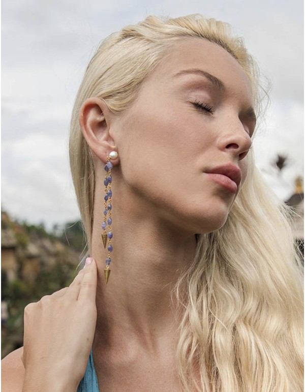 Pendientes largos de fiesta con piedras azules 2