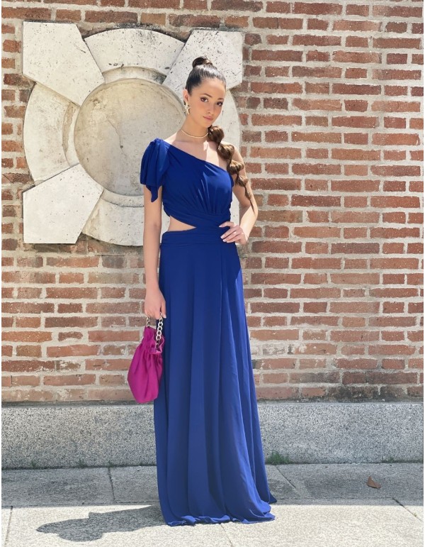 Evening dress with side cut-out and asymmetric bow neckline