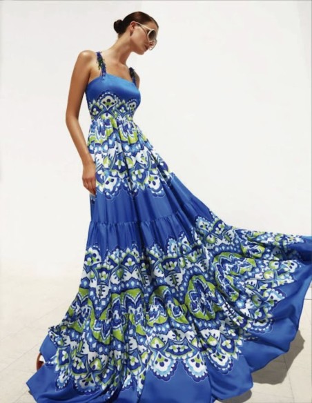 Long blue printed dress with straps and ornaments