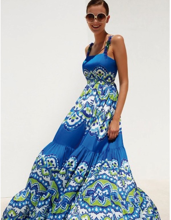 Long blue printed dress with straps and ornaments 2