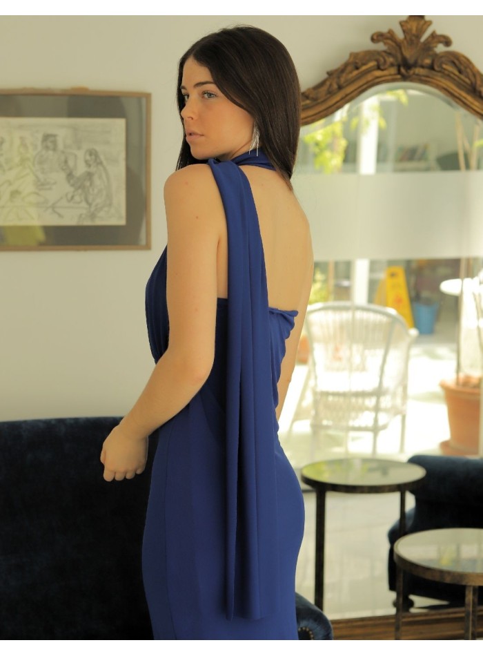 Vestido de fiesta midi azul royal con fular