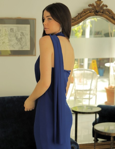Robe de soirée midi bleu roi avec écharpe