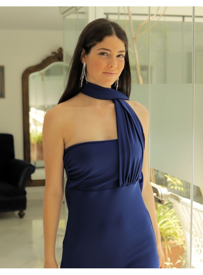 Royal blue midi party dress with scarf