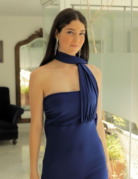Robe de soirée midi bleu roi avec écharpe