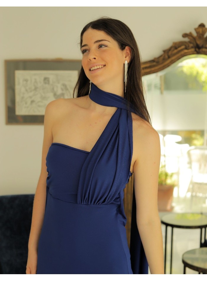 Robe de soirée midi bleu roi avec écharpe