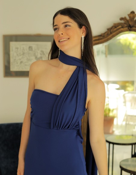 Robe de soirée midi bleu roi avec écharpe