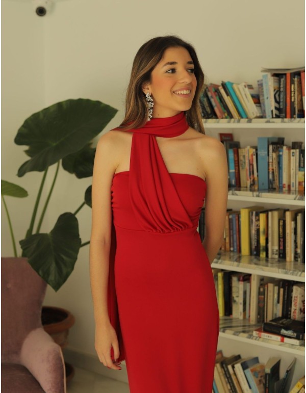 Red midi party dress with a sash 2