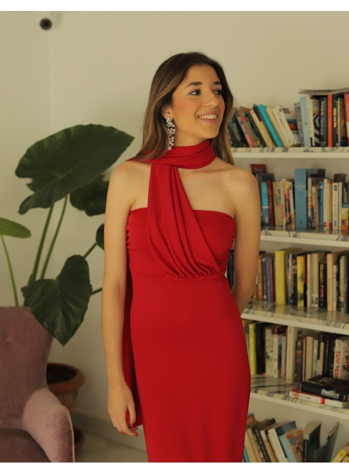 Robe de soirée midi rouge avec écharpe