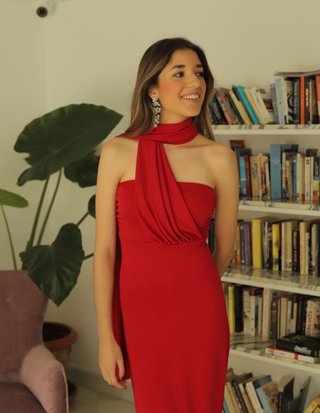 Red midi party dress with a sash