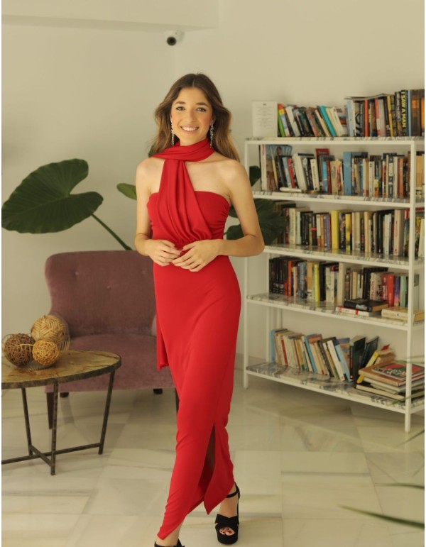 Vestido midi de fiesta rojo con fular