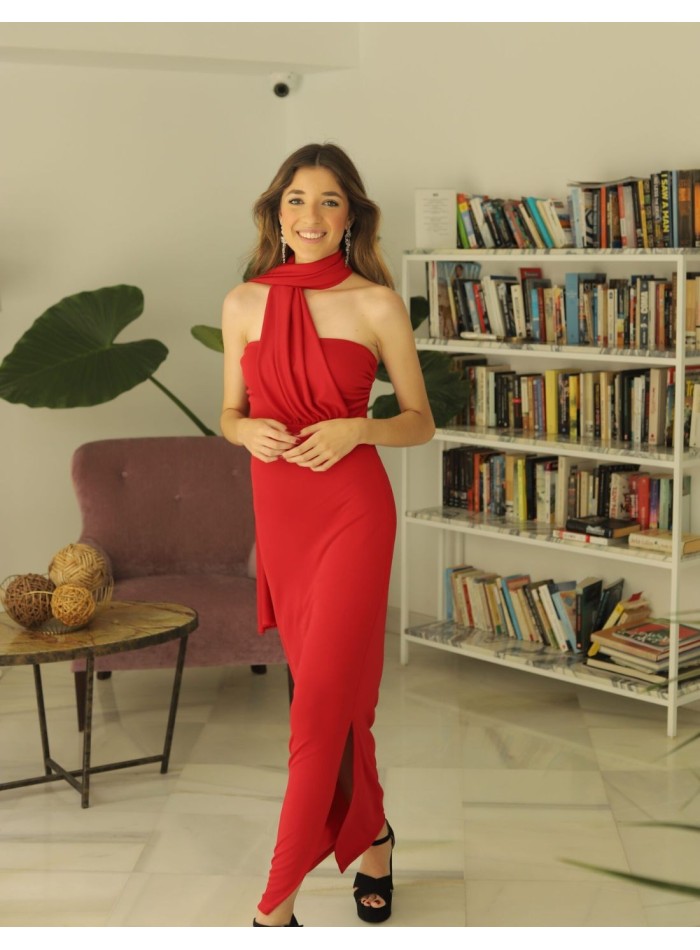 Red midi party dress with a sash