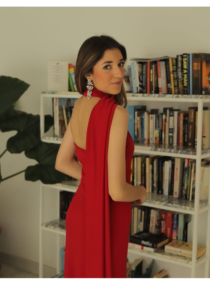 Robe de soirée midi rouge avec écharpe