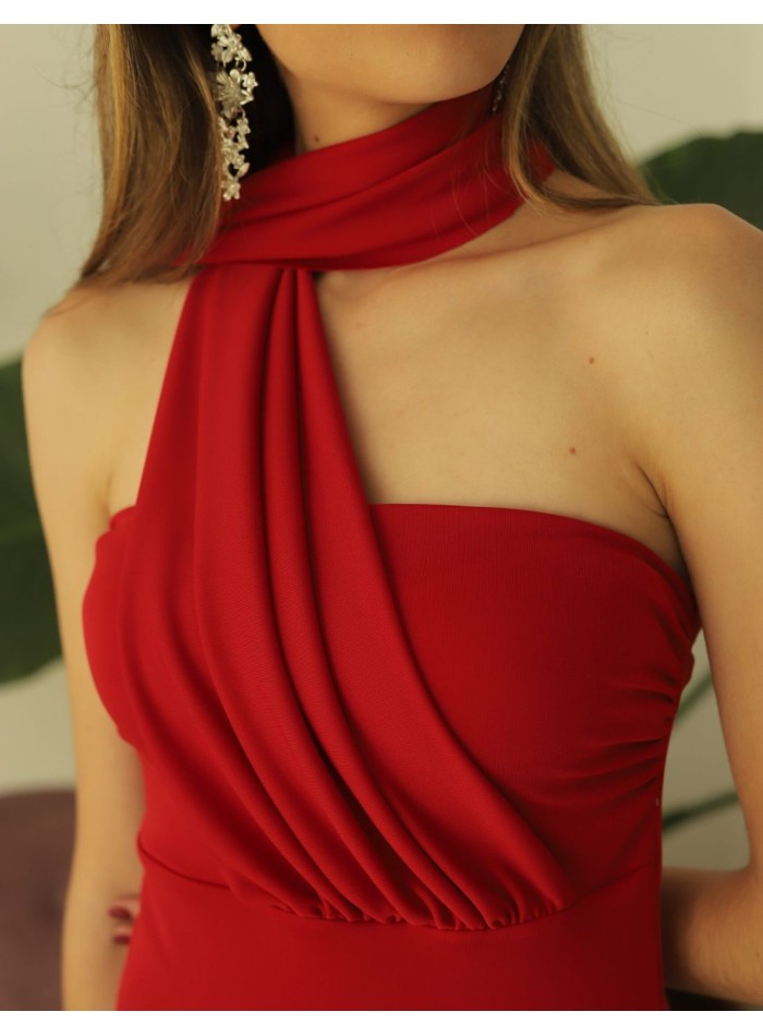 Red midi party dress with a sash