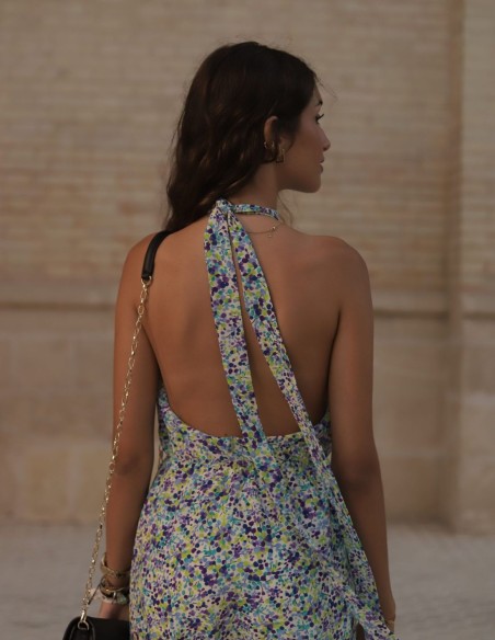 Blue floral print halter neck midi dress