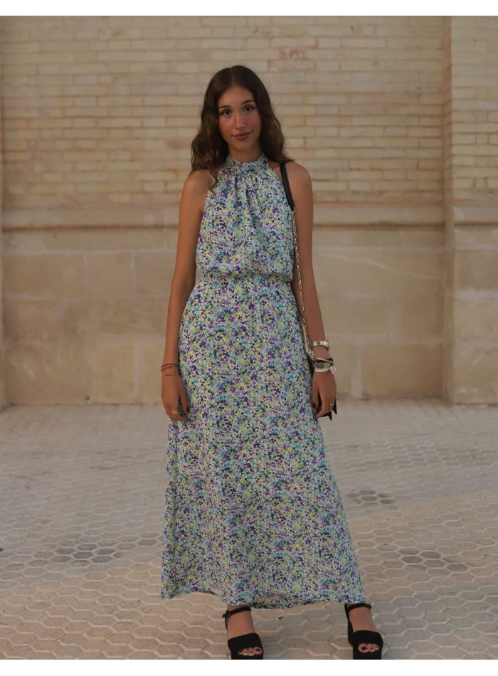 Blue floral print halter neck midi dress