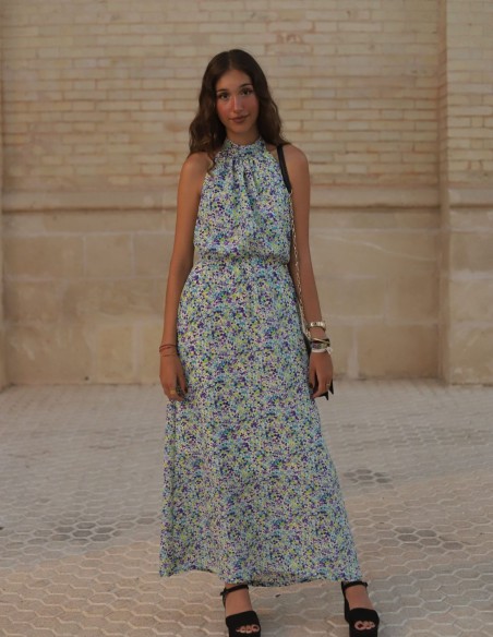 Vestido midi escote halter estampado azul floral