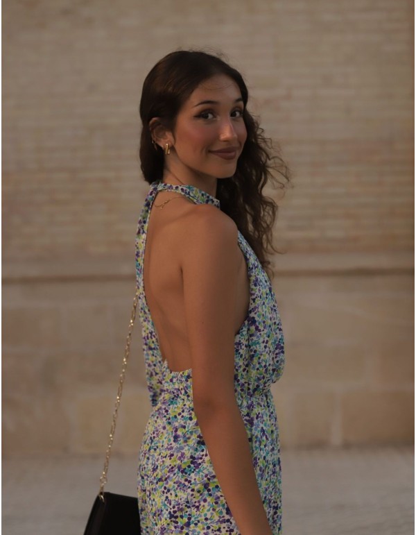 Robe midi à col licou imprimée de fleurs bleues 2