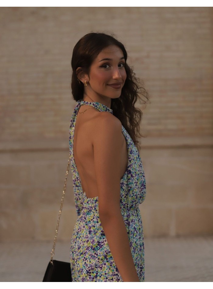 Robe midi à col licou imprimée de fleurs bleues