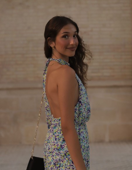 Robe midi à col licou imprimée de fleurs bleues