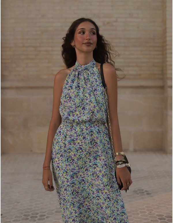 Blue floral print halter neck midi dress