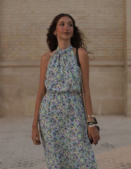 Robe midi à col licou imprimée de fleurs bleues