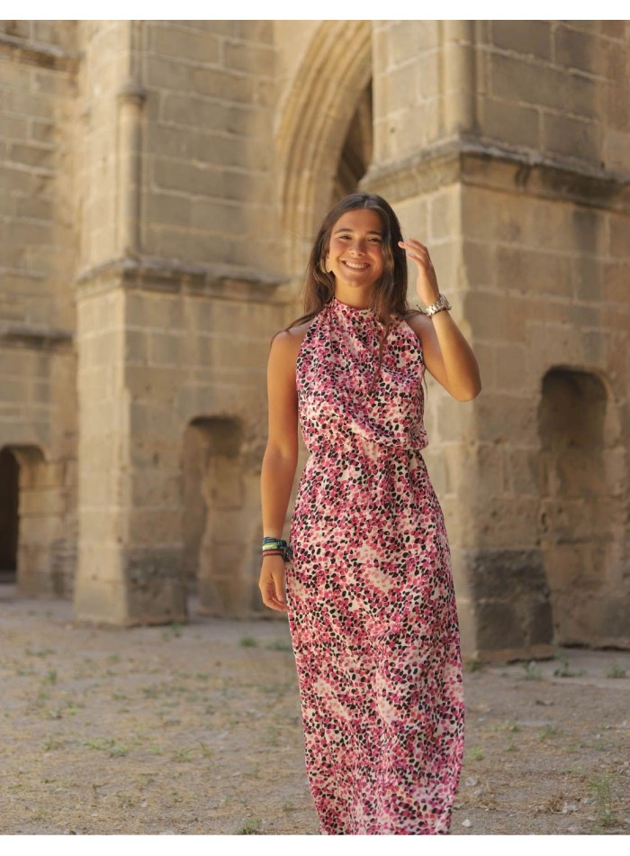 Pink printed midi dress with flowers