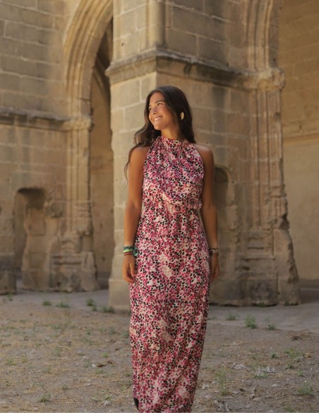 Pink printed midi dress with flowers