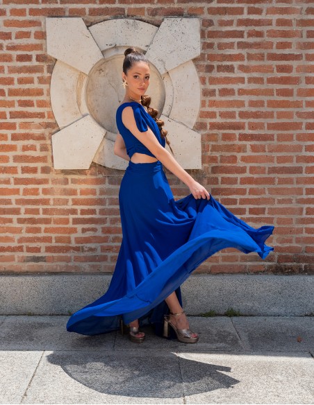 Evening dress with side cut-out and asymmetric bow neckline