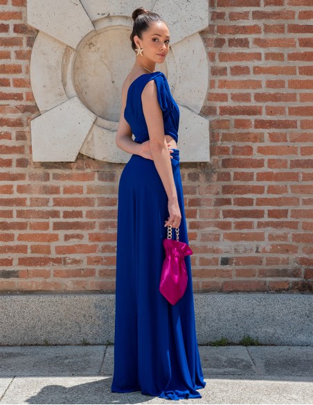 Evening dress with side cut-out and asymmetric bow neckline