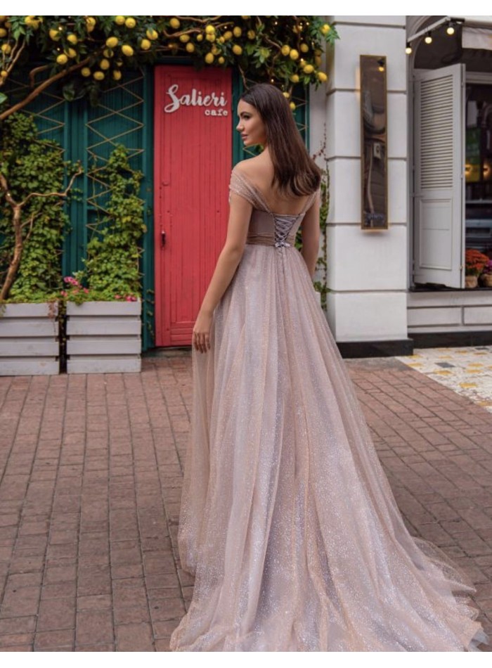 Vestido largo de fiesta malva con tul brillante