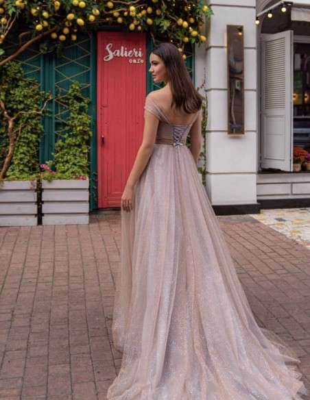 Vestido largo de fiesta malva con tul brillante