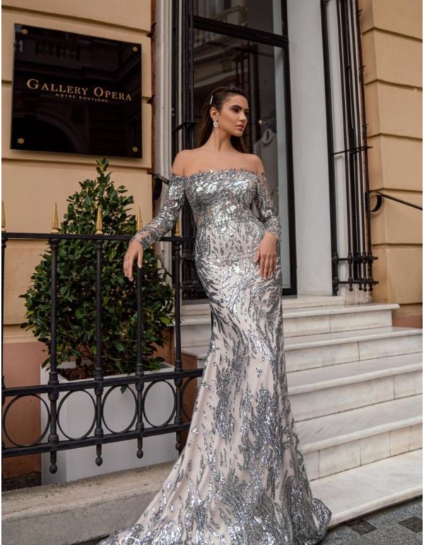 Fantasy long party dress with boat neckline